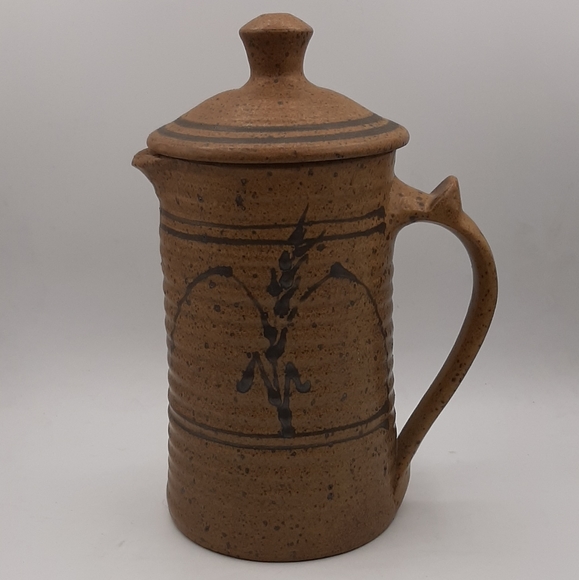 Art Pottery Pitcher Other - Vintage Art Studio Hand Turned Pottery Pitcher Black Speckled & Trim Signed
